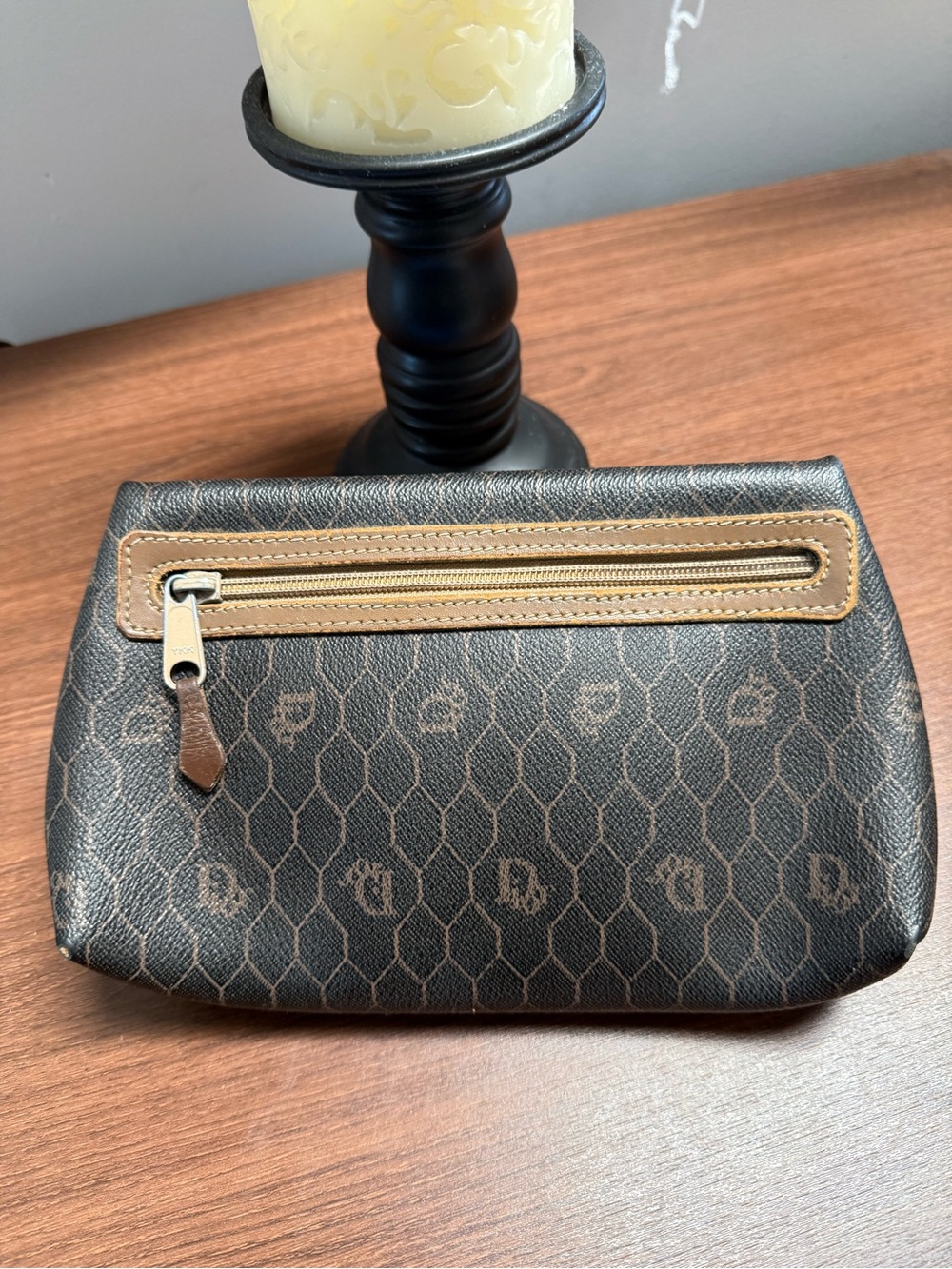 Vintage Christian Dior brown honeycomb canvas and leather cosmetic pouch